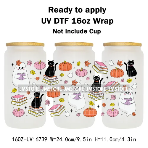 Cute Halloween Ghost Black Cat UV DTF Wraps Transfer Sticker Selfadhesive Waterproof Prints For 16OZ Libbey Glass Can Tumbler