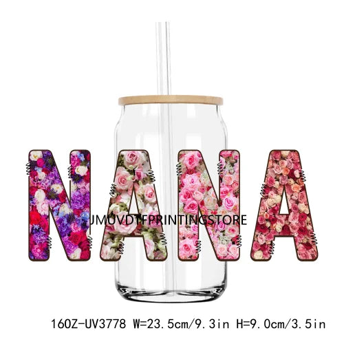 Flower Family Mama Nana UV DTF Sticker For 16OZ Libbey Glass Cup Can Wrap Transfer Sticker Custom Labels DIY Logo Dogmom