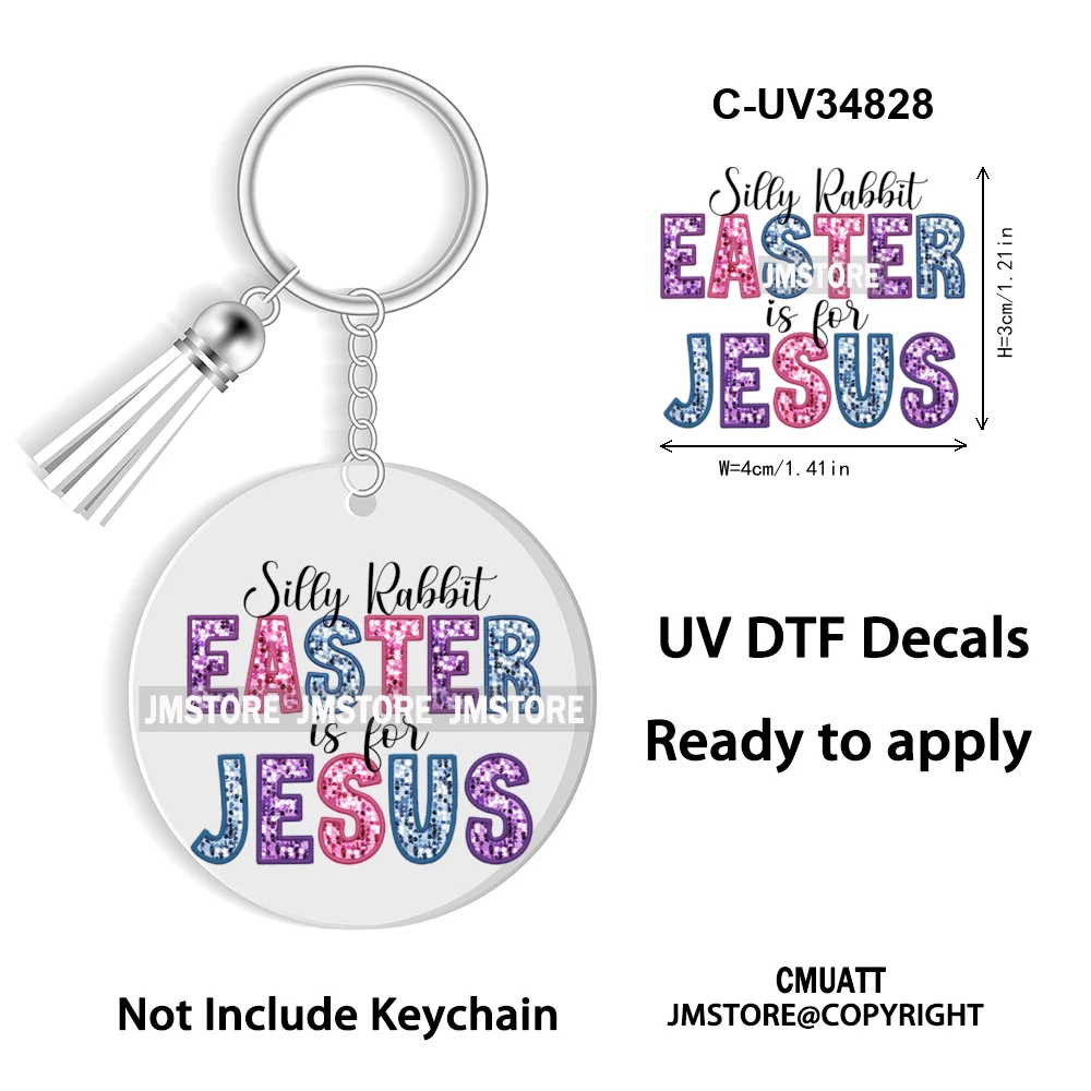 Faux Sequin Glitter Happy Easter Bow Retro Easter Bunny Blowing Bubble UV DTF Stickers for Round Circle Acrylic Keychain Keyring