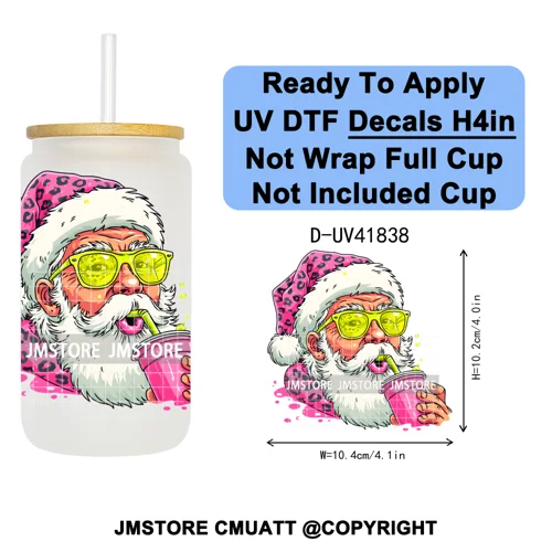 Retro Santa Claus Blowing Bubble Christmas UV DTF Decals Ready To Apply Waterproof Transfer Stickers For 16OZ Libbey Glass Can