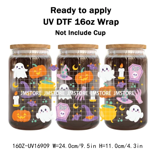 Spooky Season Halloween Pumpkin Ghost Witch Dogs UV DTF Wraps Transfer Sticker Selfadhesive Waterproof For 16OZ Libbey Glass Can