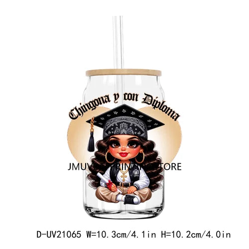 Chicano Graduation Chibi UV DTF Transfer Stickers Decals For Libbey Cold Cups Mugs Tumbler Waterproof Logo Educated Latina Girl