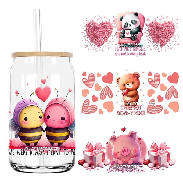 Sweet Valentines Love Season Animals 16OZ UV DTF Cup Wrap Transfer Stickers Custom DIY Waterproof Logo For Libbey Glass Can