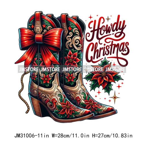 Funny Howdy Christmas Western Cowboy Highland Cow Gingerbread Boots Iron On DTF Transfers Stickers Ready To Press For T-shirts