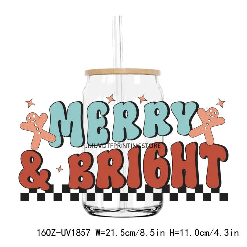 Merry Christmas Sequin 16OZ UV DTF Cup Wrap Transfers Stickers Custom Labels DIY Durable Waterproof Logo For Libbey Glass Can