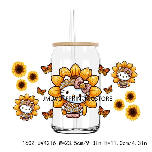 Cute Mexican Cartoon Cat With Flowers UV DTF Sticker For 16OZ Libbey Glass Cup Can Wrap Transfer Sticker Custom Labels DIY Logo