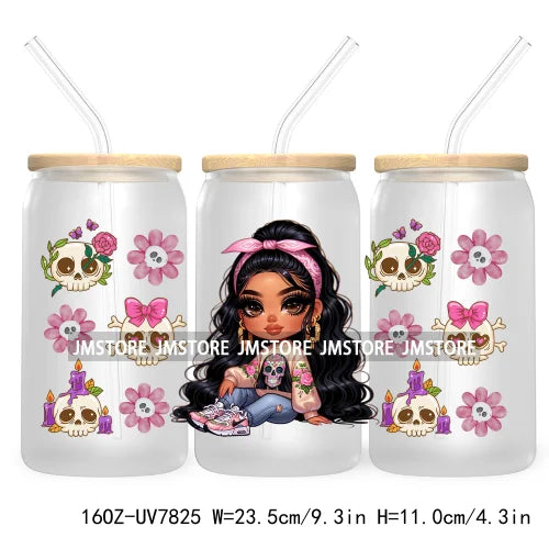 Cute Chibi Mexican Latina Baby Girl 16OZ UV DTF Cup Wrap Transfers Stickers For Libbey Glass Can Cups Tumbler Waterproof Skulls