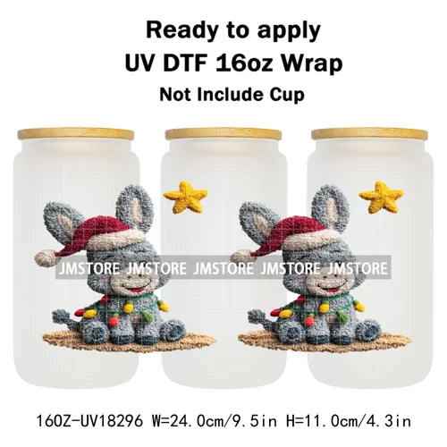 Faux Yarn Christmas Reindeer UV DTF Cup Wrap Ready To Apply Transfer Stickers Durable 16OZ Tumbler Wraps For Libbey Glass Can
