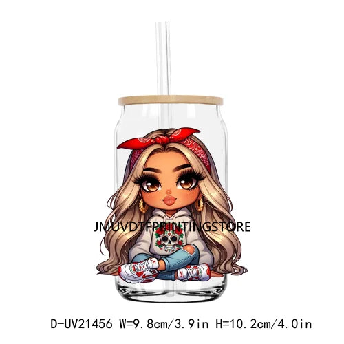 Chibi Cute Chicana Doll With Rose UV DTF Transfers Stickers Decals For Libbey Cold Cups Mugs Tumbler Mexico Waterproof DIY Logo