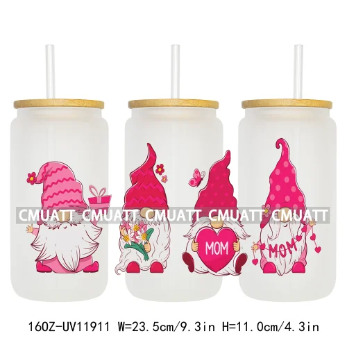 Cartoon Pink Sweet Happy Valentine‘s Day Kids Love Characters UV DTF Stickers Cup Wraps Logos For 16OZ Libbey Glass Can