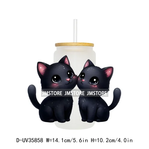 Valentine's Day Black Cat Couple UV DTF Transfer Stickers Decals Ready To Apply Waterproof For 16OZ Libbey Glass Can Cup Tumbler