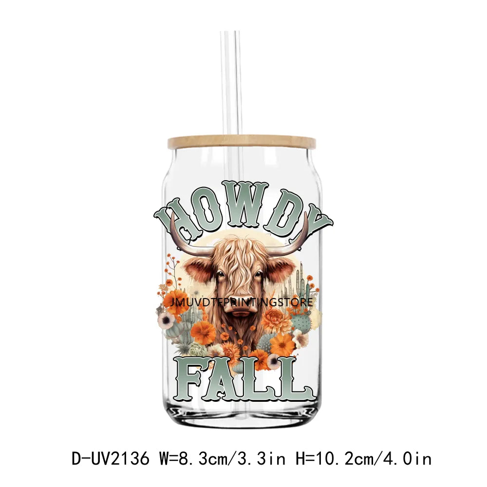 Howdy Fall Highland Cow Pumpkin UV DTF Transfers Stickers Decals For Libbey Cold Cups Mugs Tumbler Waterproof DIY Craft