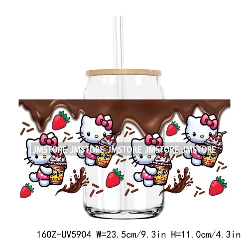 Flower Cartoon Cat With Pink Bow 16OZ UV DTF Cup Wrap Transfer Sticker Custom Label Durable Waterproof Logo For Libbey Glass Can