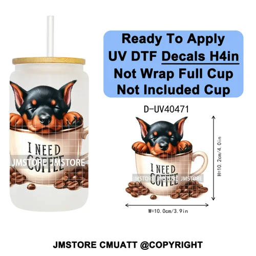 Puppy Coffee Dog Cartoon Pet Lover UV DTF Decals Ready To Apply Waterproof Transfer Stickers For 16OZ Libbey Glass Can Tumbler