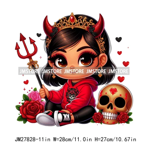 Chibi Cute Halloween Devil Latina Baby Hispanic Girls Skull Red Rose DTF Iron On Transfer Stickers Ready To Press For Sweatshirt