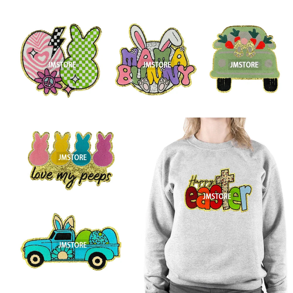 Cute Happy Easter Bunny Spring Hunt Eggs Rabbit Ears Love My Peeps Iron on Chenille Patches for Clothing Bags