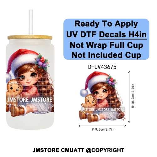 Floral Christmas Latina Chibi Girl UV DTF Transfer Stickers Decals Ready To Apply Good Quality Prints For Libbey Cold Cup Mugs