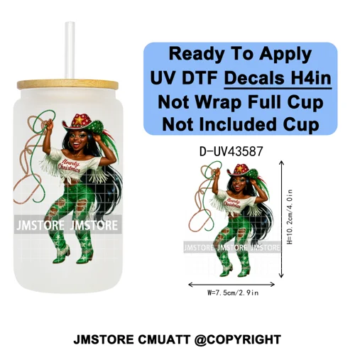 Howdy Afro Black Cowgirl Christmas UV DTF Decals Ready To Apply Waterproof Transfer Stickers For 16OZ Libbey Glass Can Bottle