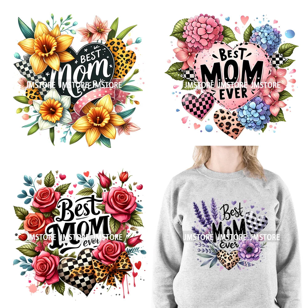 Best Mom Ever Floral Heart Iron On Logos Mother's Day Leopard Mama DTF Printing Transfer Stickers For Clothing