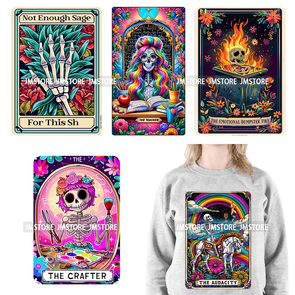 Diy Crafter Teacher Hot Express Audacity Not Enough Sage Mom Skull Tarot Card DTF Iron On Heat Press Transfers Stickers For Bags