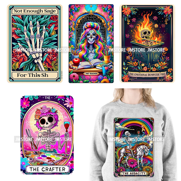 Diy Crafter Teacher Hot Express Audacity Not Enough Sage Mom Skull Tarot Card DTF Iron On Heat Press Transfers Stickers For Bags