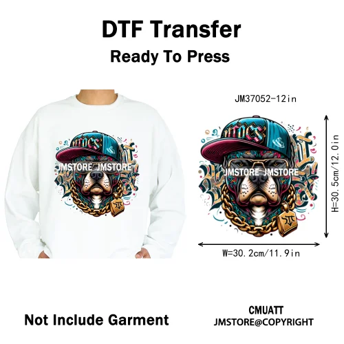 12in Streetwear Vibes Rich Cool Cartoon Bulldog King Designs Washable Iron on DTF Transfers Stickers Ready to Press for Clothes