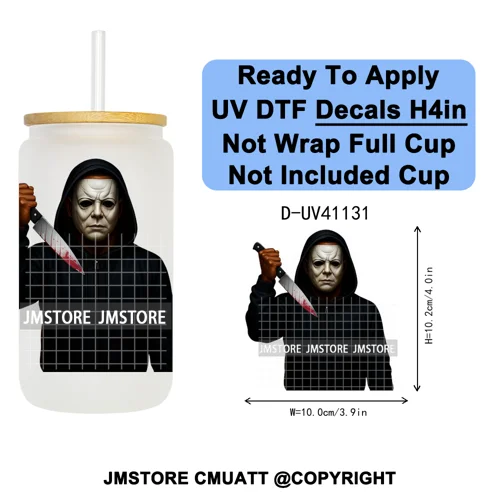 Black Horror Dad Halloween Spooky Daddy UV DTF Decals Ready To Apply Waterproof Transfer Stickers For 16OZ Libbey Glass Can Cups