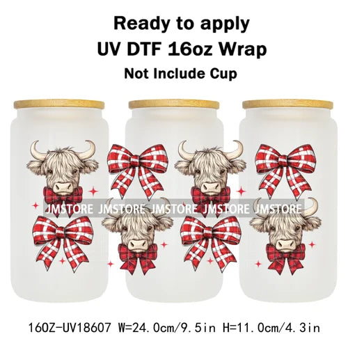 Howdy Christmas Western Highland Cow 16OZ UV DTF Cup Wraps Ready To Apply Waterproof Transfer Stickers For Libbey Glass Can