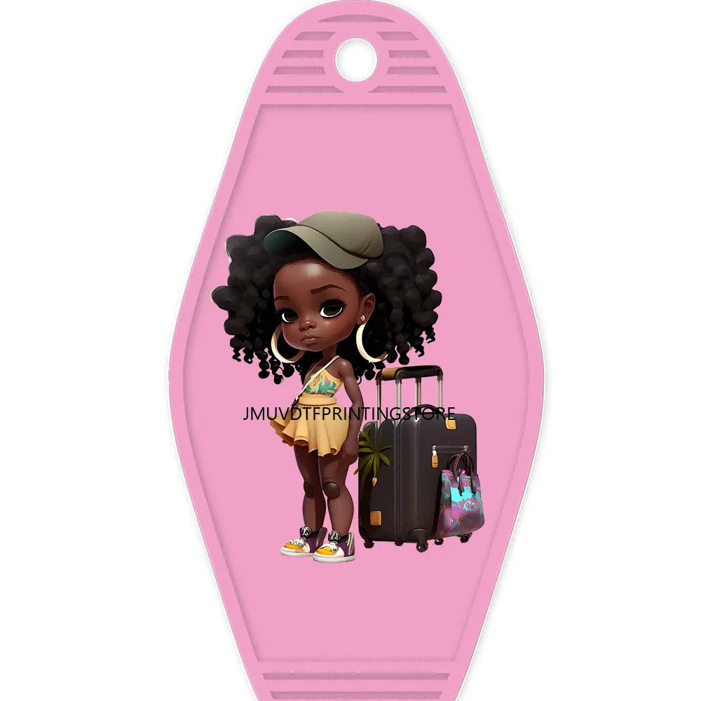 School Melanin Black Girls With Luggage High Quality WaterProof UV DTF Sticker For Motel Hotel Keychain Afro Children