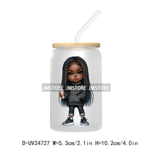 Black Chibi Girl UV DTF Transfers Stickers Decals For Libbey Cold Cups Mugs Tumbler Waterproof DIY Craft Beautiful Afro Woman