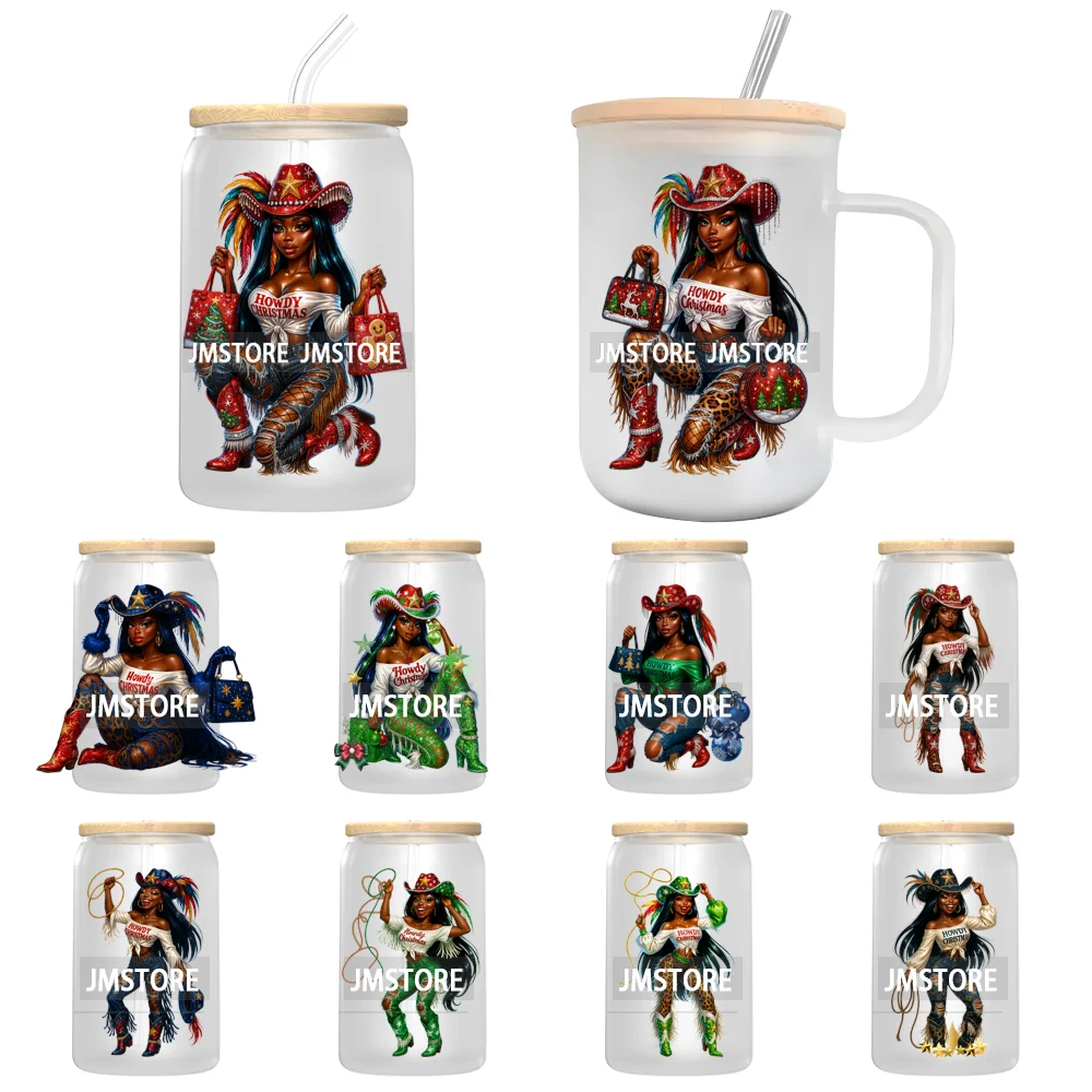 Howdy Afro Black Cowgirl Christmas UV DTF Decals Ready To Apply Waterproof Transfer Stickers For 16OZ Libbey Glass Can Bottle