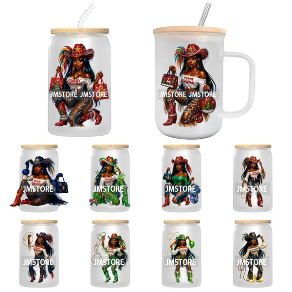 Howdy Afro Black Cowgirl Christmas UV DTF Decals Ready To Apply Waterproof Transfer Stickers For 16OZ Libbey Glass Can Bottle