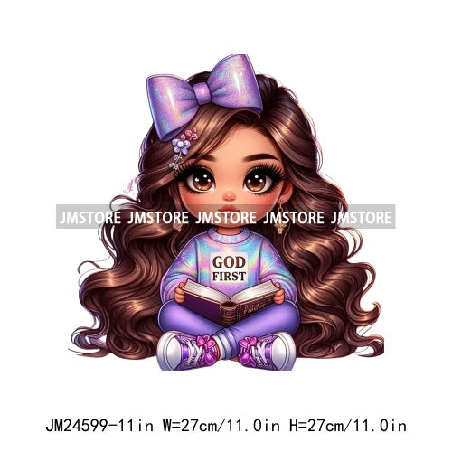 God First Chibi Cute Brown Hair Latina Dolls Baby Girls Coquette Bow Iron On DTF Transfer Stickers Ready To Press For Hoodies