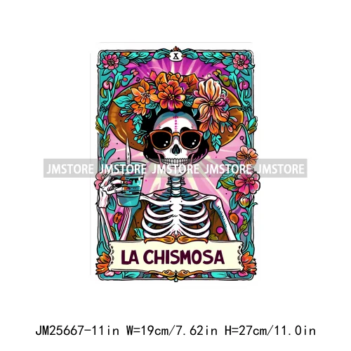 Custom Flower La Chismosa Dog Cat Lover Badass Skull Tarot Card  DTF Iron On Heat Transfers Stickers Ready To Press For Hoodies