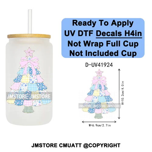 Christmas Santa Claus Patchwork UV DTF Decals Ready To Apply Waterproof Transfer Stickers DIY Crafts For 16OZ Libbey Glass Can