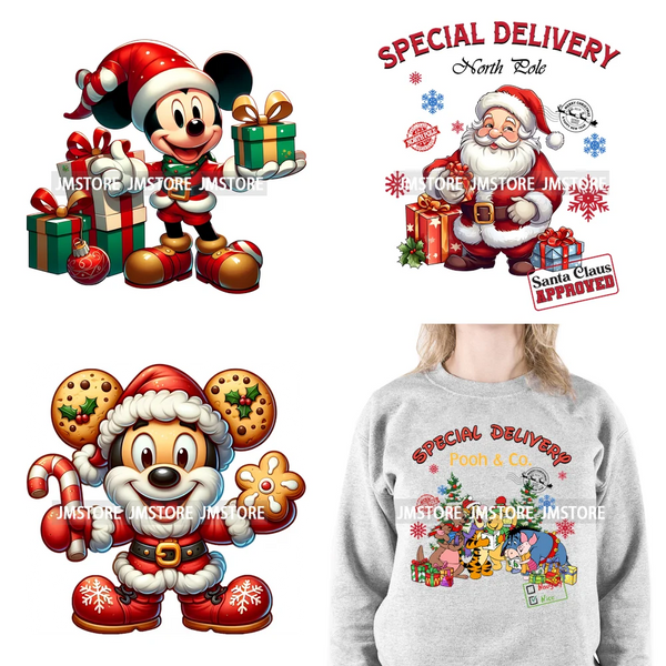 Special Delivery Characters Cartoon Santa Claus Christmas Gift Iron On DTF Transfers Stickers Ready To Press For Clothes