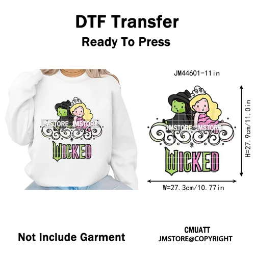 Pink and Green Magic Broomstick Witches Movie Fans Iron on Washable DTF Heat Transfers Stickers Ready to Press for Sweatshirts