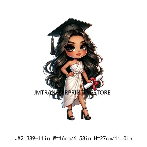 Cool Pretty Chibi Latina College Graduation Girls Educated Diploma Iron On DTF Transfer Stickers Ready To Press For T-shirts