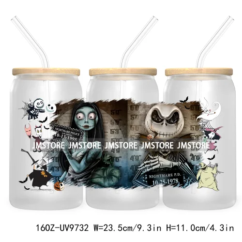 Spooky Cartoon Halloween 16OZ UV Cup Wrap DTF Transfer Stickers For Libbey Glass Can Cups Tumbler Waterproof Labels Scare Crew