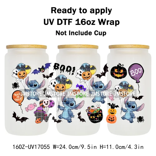 Spooky Halloween Boo Bats Pumpkin Horror Cartoon 16OZ UV DTF Cup Wraps Ready To Apply Transfer Stickers For Libbey Glass Can Mug
