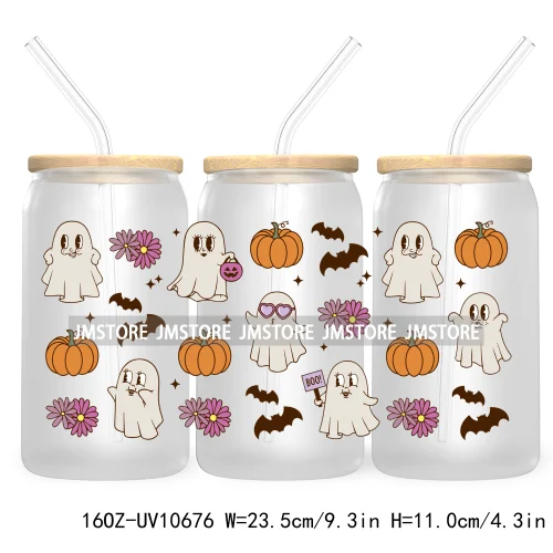 Spooky Halloween Ghost UV DTF Sticker For 16OZ Libbey Glass Cup Can Girly Coquette Bow Wrap Transfer Stickers Custom Labels Bats