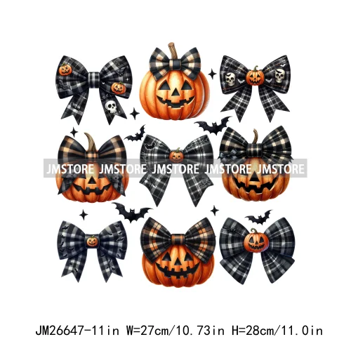 Fashion Halloween Pumpkin Coquette Bow Spooky Vibes Washable Printing DTF Iron On Heat Press Transfer Stickers For Clothing Bags