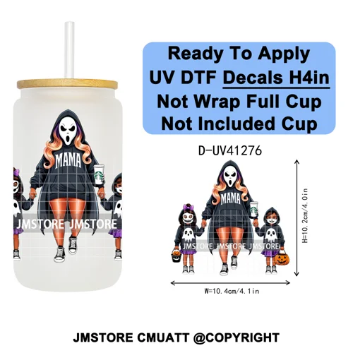 Family Halloween Horror Mama UV DTF Transfer Stickers Decals Ready To Apply Waterproof For 16OZ Libbey Glass Can Cups Tumbler