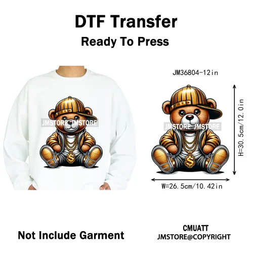 12in Cartoon Gangster Hip Hop Streetwear Teddy Bear Lover Designs Iron on DTF Heat Transfers Stickers Ready to Press for Hoodies