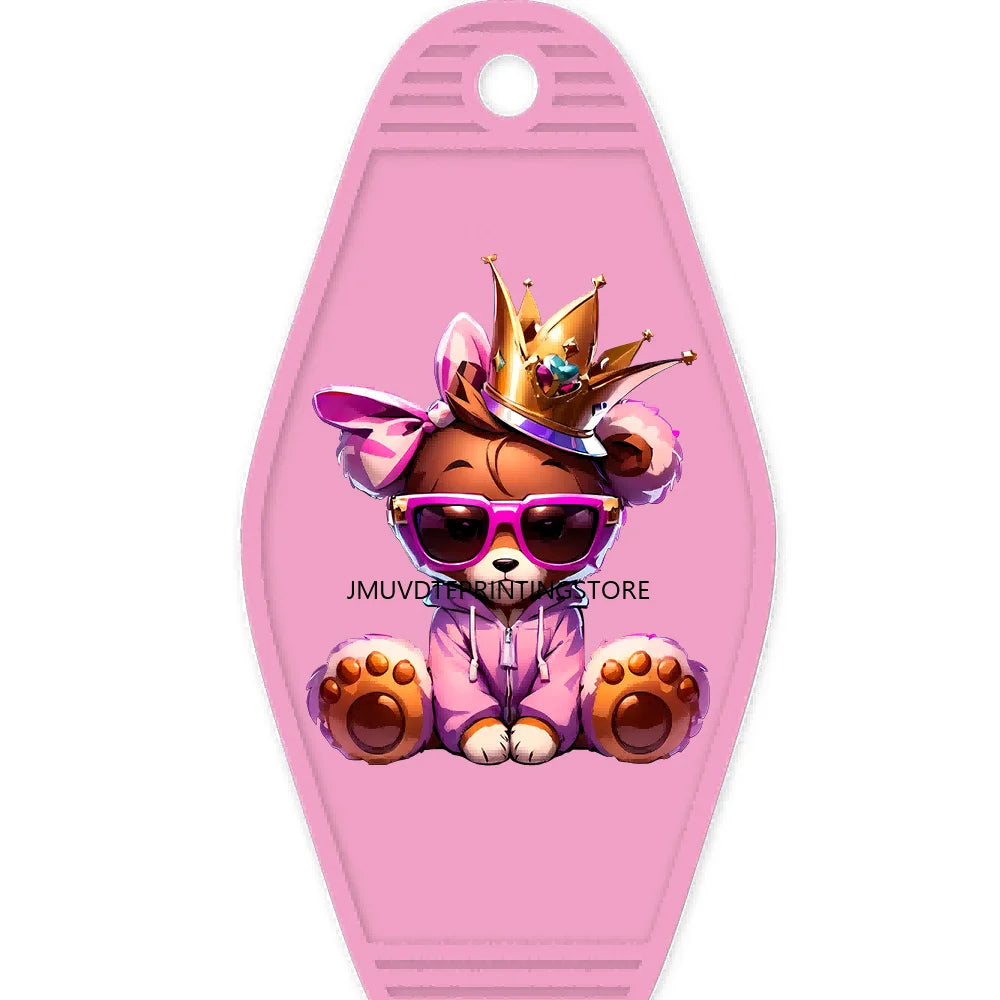 Cute Cat Girl Teddy Bears King High Quality WaterProof UV DTF Sticker For Motel Hotel Keychain Pink Cartoon Animals