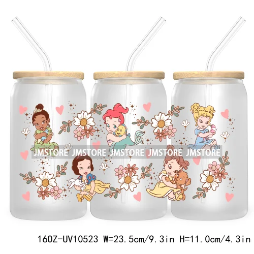 Cartoon Princess Floral Flowers 16OZ UV DTF Cup Wrap Transfer Stickers Custom Labels Waterproof For Libbey Glass Can Best Friend