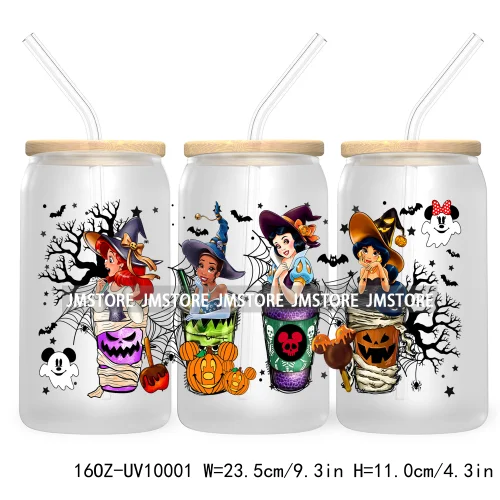 Halloween Coffee Cups UV DTF Sticker For 16OZ Libbey Glass Cup Can Cartoon Princess Wrap Transfer Stickers Custom Labels Logo