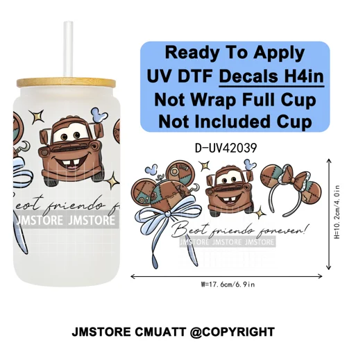 Cartoon Mouse Head Princess Family Vacation UV DTF Decals Ready To Apply Waterproof Transfer Stickers For 16OZ Libbey Glass Can