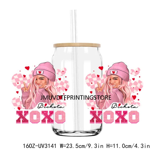 Pink Valentines Bichota Cupid Vibes 16OZ UV DTF Cup Wrap Transfers Stickers Custom DIY Waterproof Logo For Libbey Glass Can XOXO