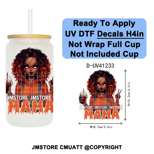 Spooky Mama Skullface Halloween UV DTF Decals Ready To Apply Waterproof Transfer Stickers DIY Crafts For 16OZ Libbey Glass Can